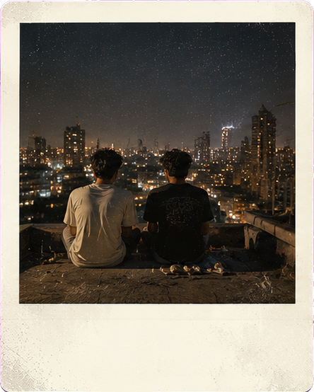 Two friends on a rooftop at night
