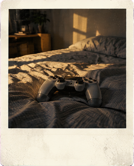 A game controller on a bed